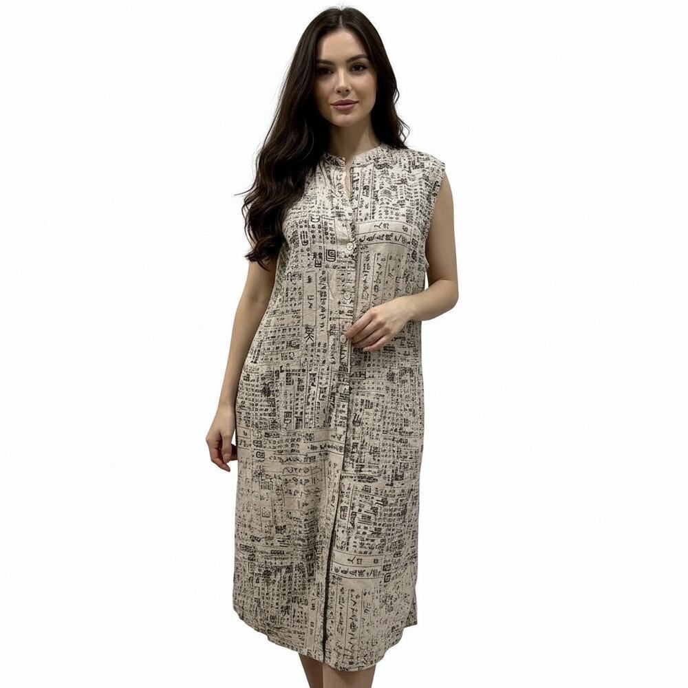 Chico’s Linen Blend Script Print Sleeveless Midi Shirt Dress Large Vacation Chic